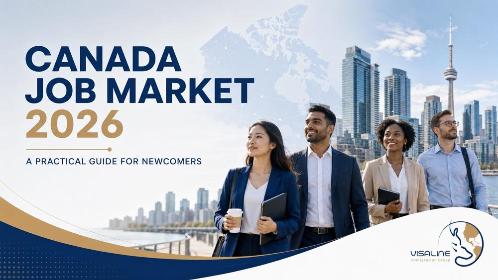 Diverse professionals in Toronto featured in Visaline’s Canada Job Market 2026 guide for newcomers