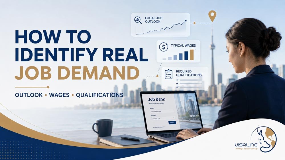 Newcomer researching Canadian Job Bank outlooks, wages and qualifications for local job demand