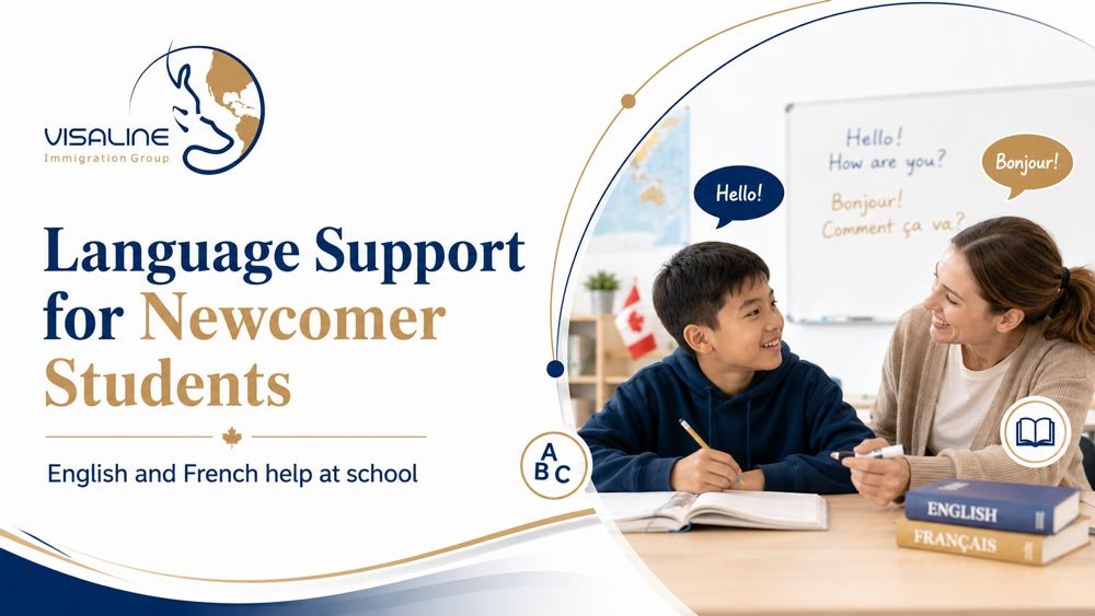 Newcomer parents registering their child at a Canadian school with required documents