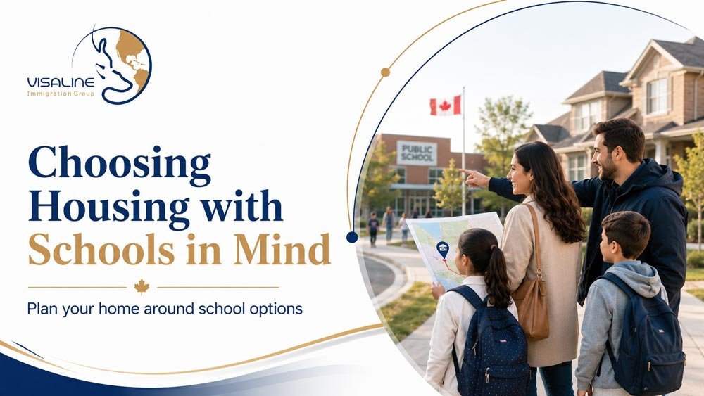 Newcomer family choosing housing in Canada based on nearby schools and school boundaries