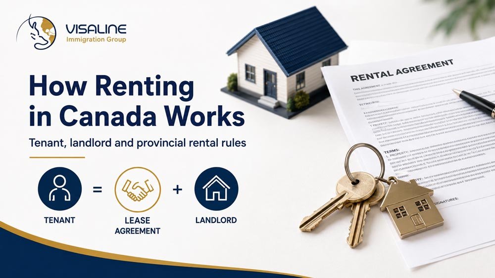 Rental agreement, house and keys explaining how renting in Canada works