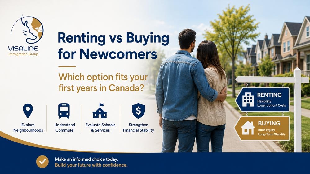 Newcomer couple comparing renting and buying a home in Canada