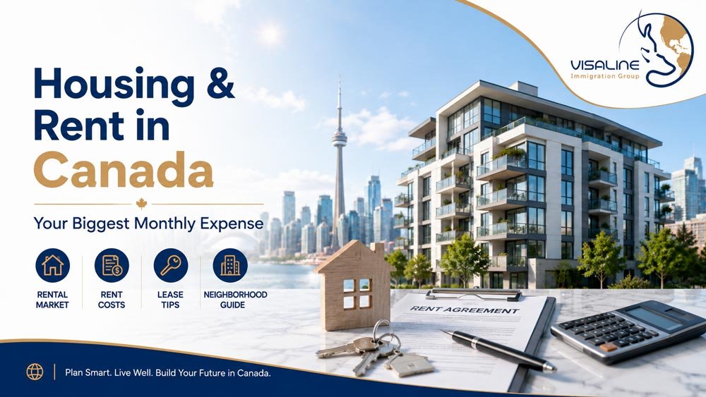 Housing and rent in Canada with apartment building, Toronto skyline, rental agreement and calculator