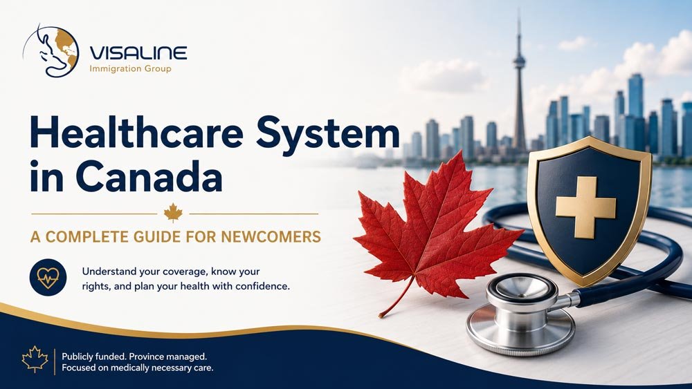 Canadian healthcare system guide for newcomers with medical and Canada symbols