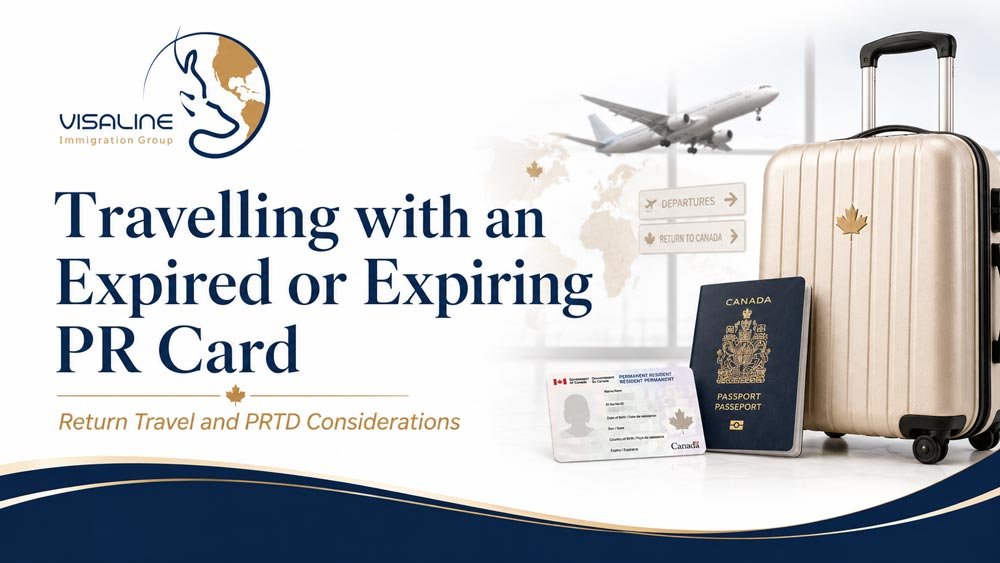 Passport, luggage and PR card illustrating travel with an expired or expiring Canadian PR card