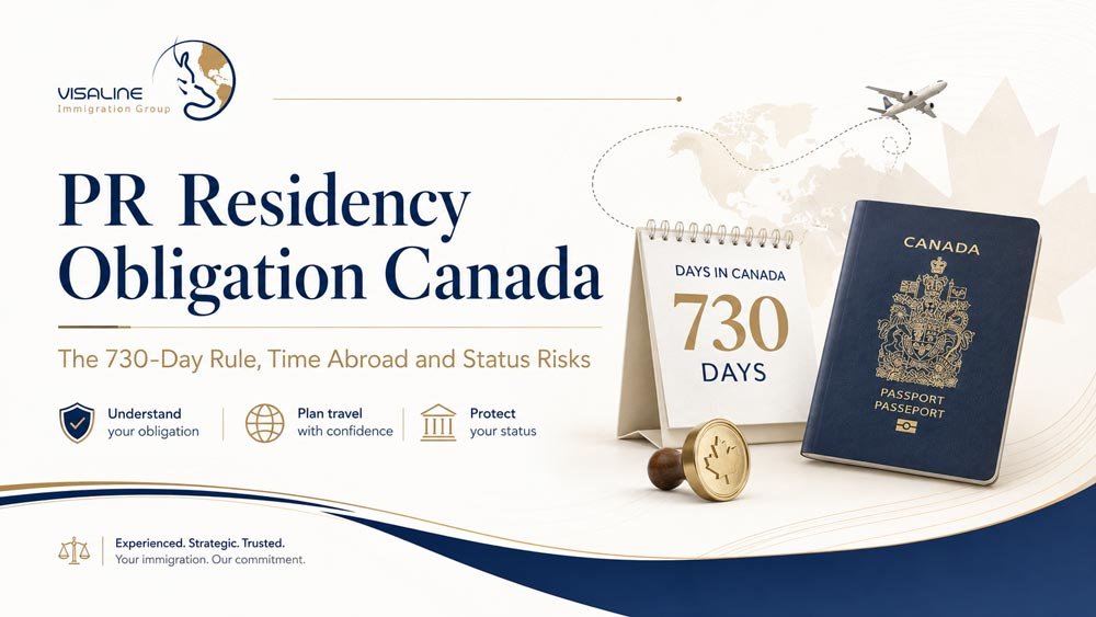 PR Residency Obligation Canada illustration with a Canadian passport, 730-day calendar and travel elements in Visaline brand colors