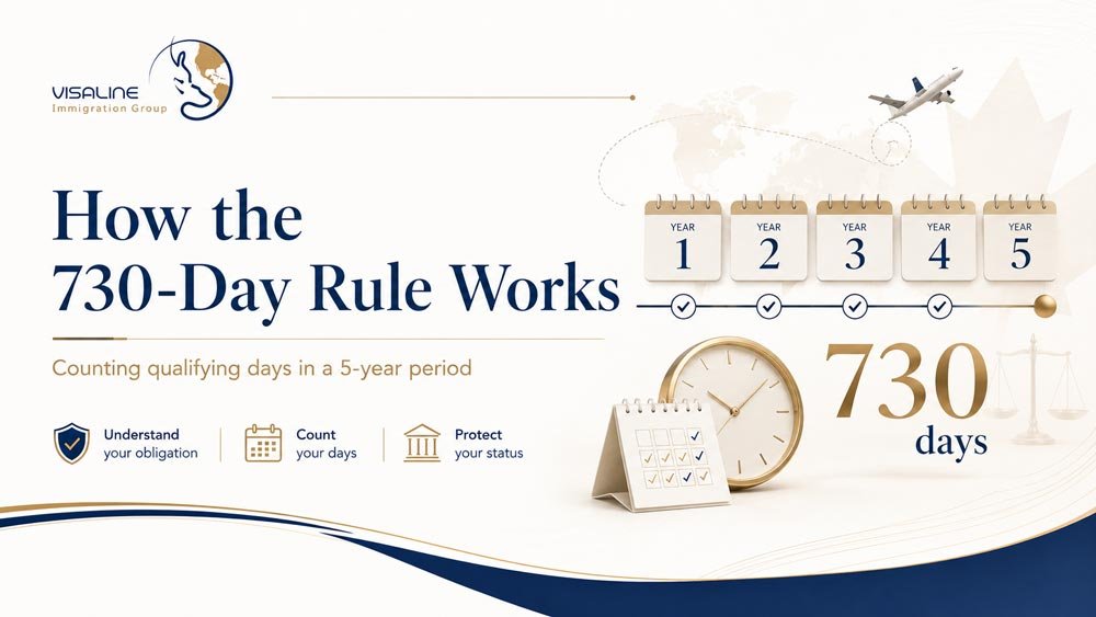 Illustration explaining how the 730-day rule works for Canadian permanent residents over a five-year period
