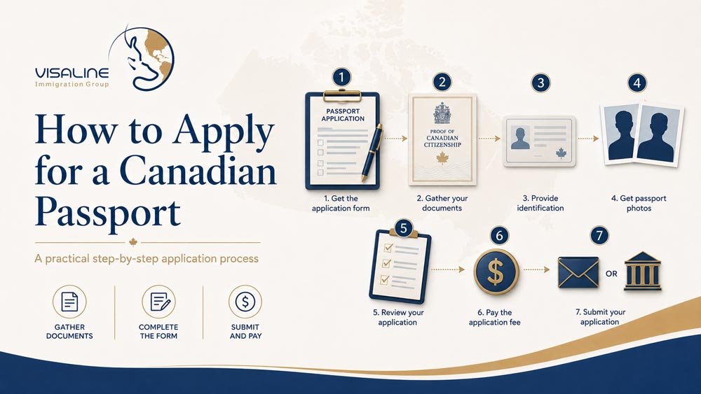 Step-by-step Canadian passport application process illustration with application form, citizenship proof, identification and passport photos