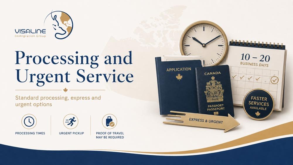 Canadian passport processing and urgent service image with passport, calendar and express service symbols