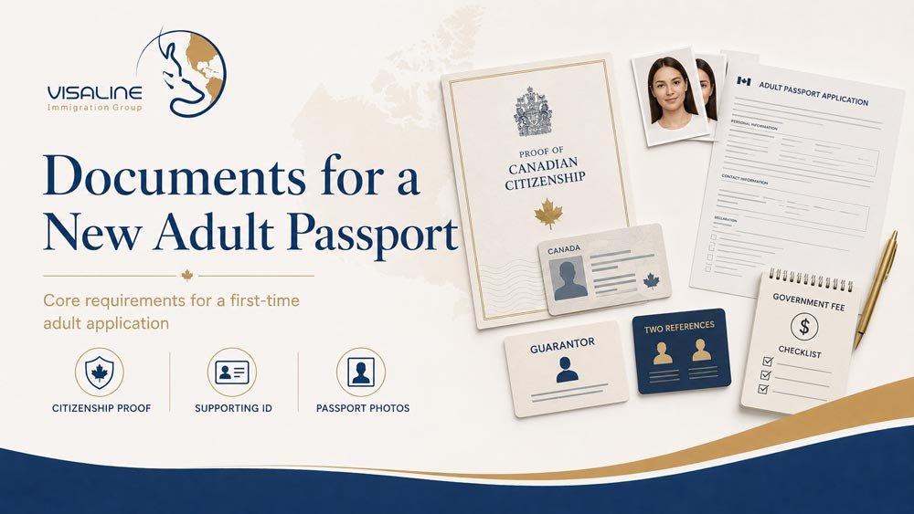 Canadian passport document checklist image with proof of citizenship, supporting ID, guarantor, references and passport photos