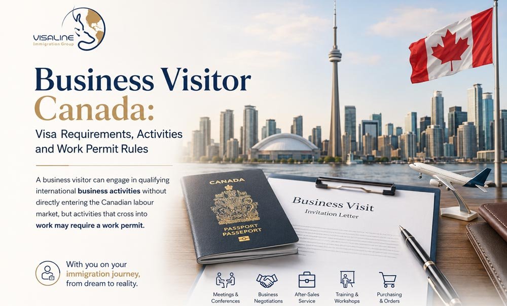 Business visitor Canada guide with Toronto skyline, Canadian passport, business invitation letter and Visaline Immigration Group branding.