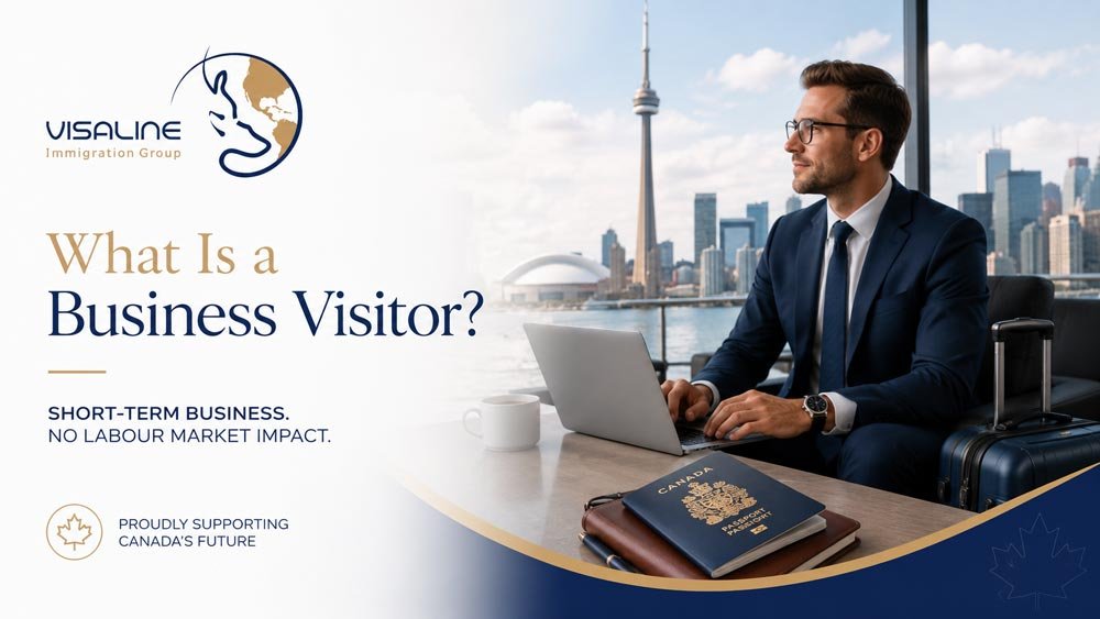Business traveller in Toronto working on a laptop with a passport and suitcase, illustrating the concept of a business visitor in Canada.