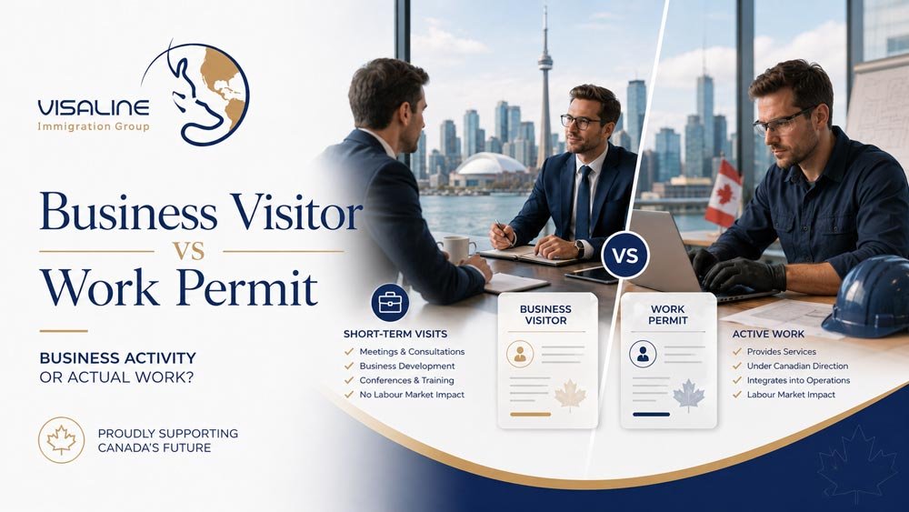 Canadian passport, boarding pass, visa approval stamp and mobile eTA application illustrating travel document requirements for business visitors to Canada.