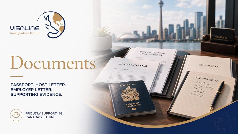 Canadian passport, invitation letter, employer support letter, contracts and meeting notes for a business visitor entering Canada.