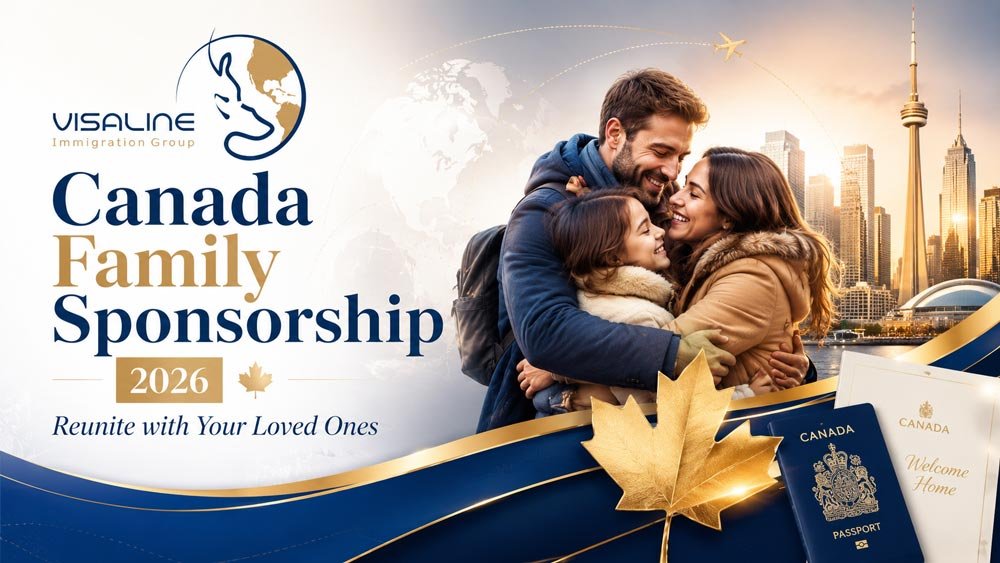 Canada Family Sponsorship 2026 with a reunited family, Toronto skyline and Visaline Immigration Group