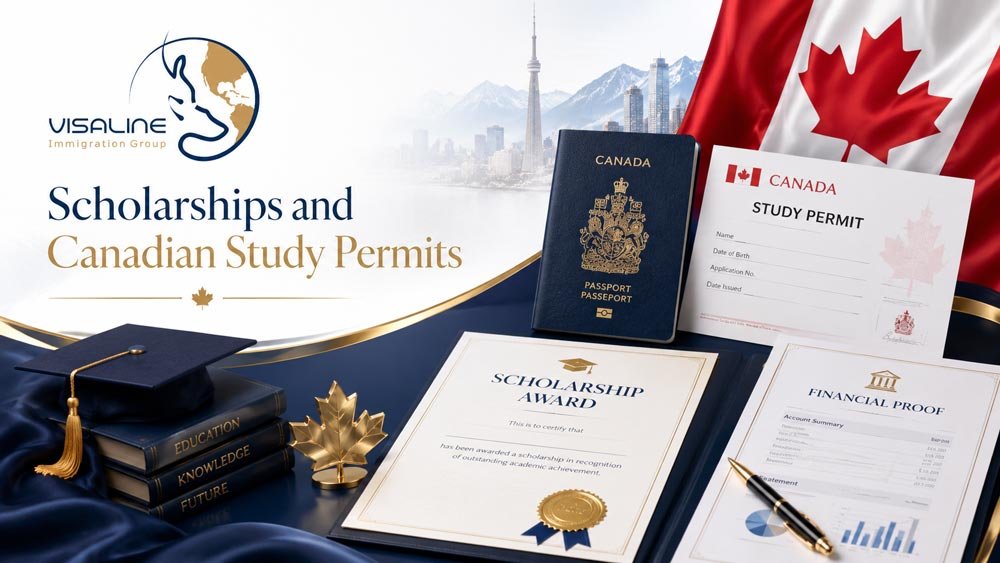 Canadian study permit, scholarship award and financial documents for an international student