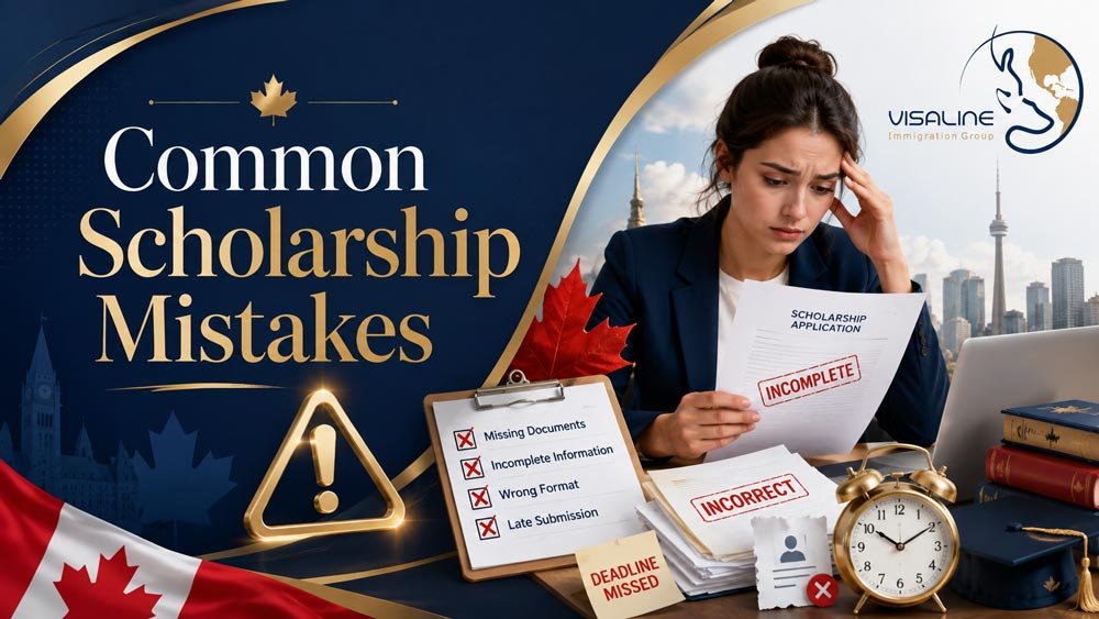 Visaline visual highlighting common scholarship application mistakes such as incomplete documents, missed deadlines, incorrect information and poorly prepared applications.