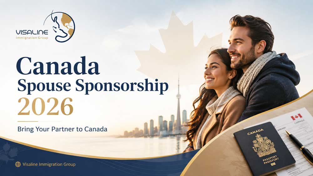 Couple overlooking Toronto beside a Canadian passport for Canada spouse sponsorship in 2026