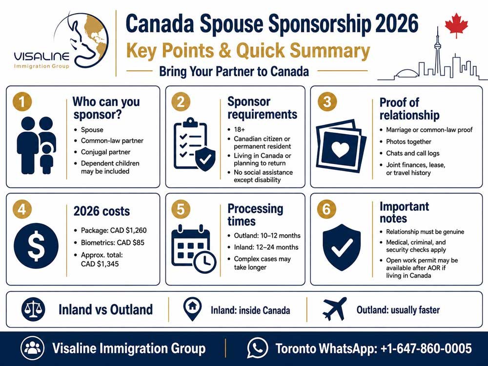 Canada spouse sponsorship 2026 infographic showing eligibility, relationship evidence, fees and processing times
