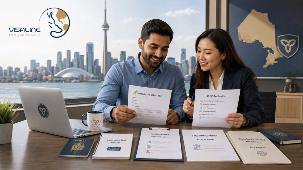 Applicant reviewing Ontario PNP eligibility documents and an Ontario job offer