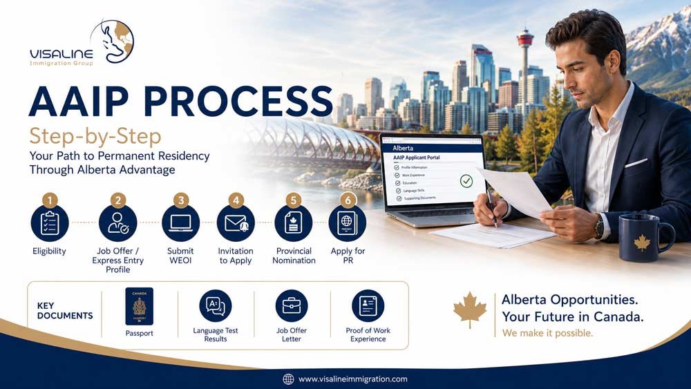 Six-step AAIP application process from eligibility and WEOI submission to provincial nomination and permanent residence