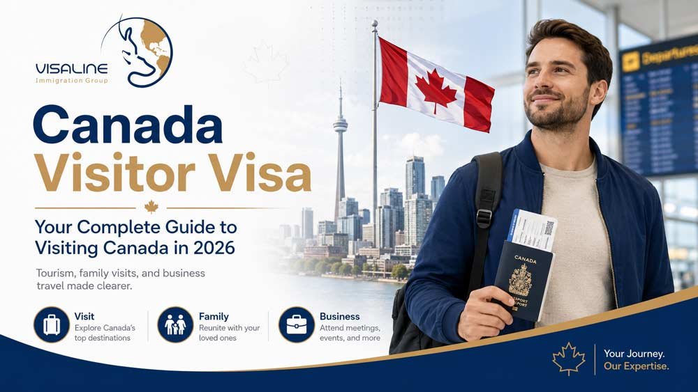 Traveler holding a passport at a Canadian airport for the Canada visitor visa 2026 guide