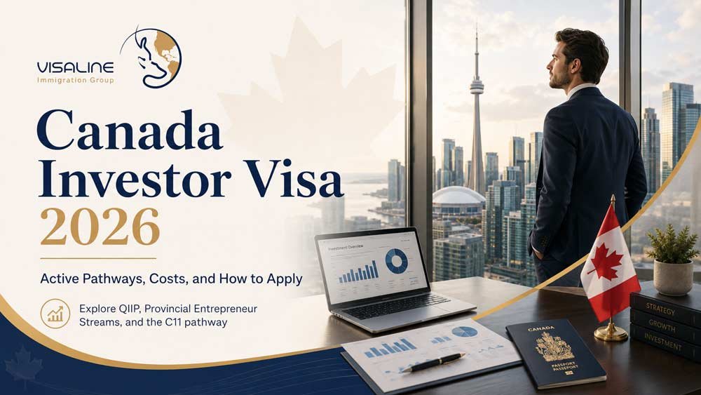 Investor exploring Canada immigration opportunities in a Toronto office with financial charts and a Canadian passport