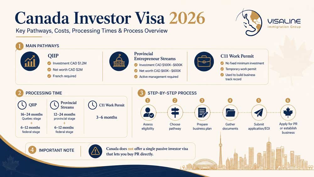 Infographic comparing QIIP, provincial entrepreneur streams, C11 work permit, costs, timelines, and application steps