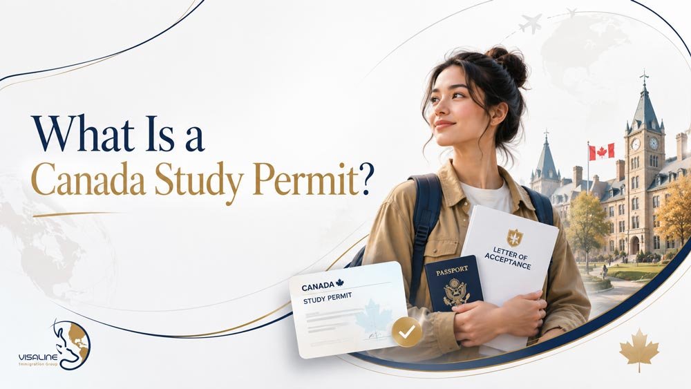 International student holding a passport, letter of acceptance and Canada study permit outside a Canadian university