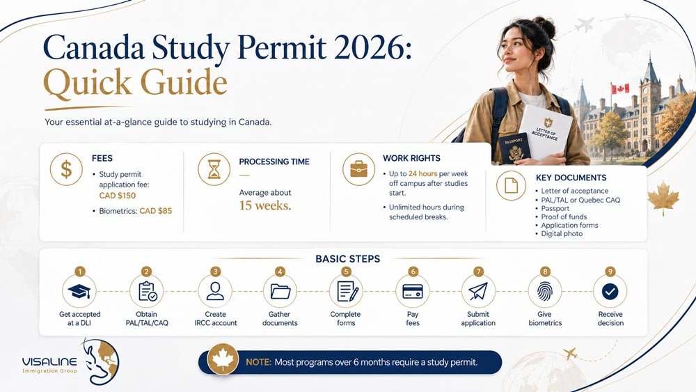 Canada study permit 2026 infographic showing fees, processing time, work rights, required documents and application steps
