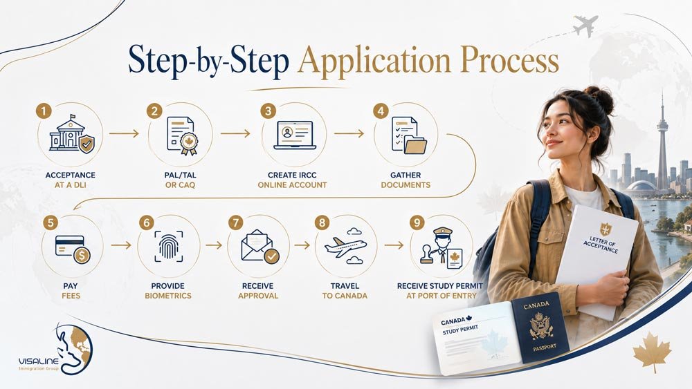 Step-by-step Canada study permit application process from DLI acceptance to receiving the permit at the port of entry