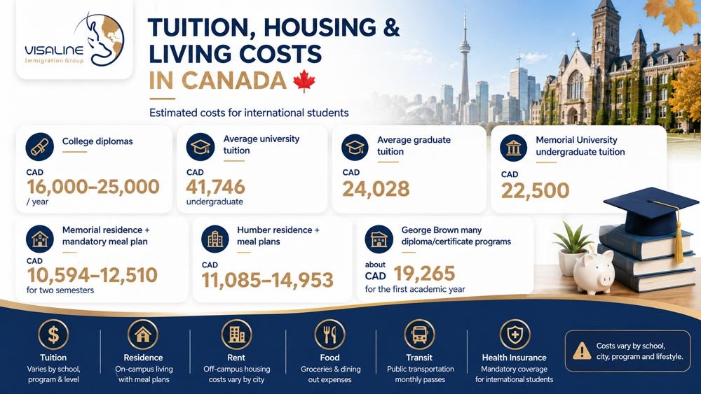 Tuition, housing and living costs in Canada for international students including university fees, residence and food expenses