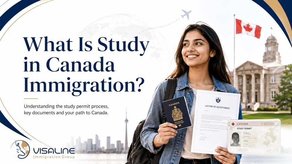 International student holding a Canadian passport, letter of acceptance and study permit outside a Canadian university