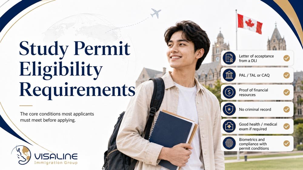 Canada study permit eligibility checklist including DLI acceptance, PAL or TAL, financial proof, health and biometrics