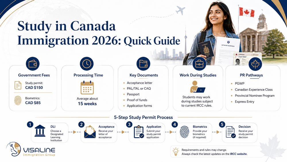 Study in Canada 2026 infographic showing study permit fees, processing time, documents, work options and PR pathways