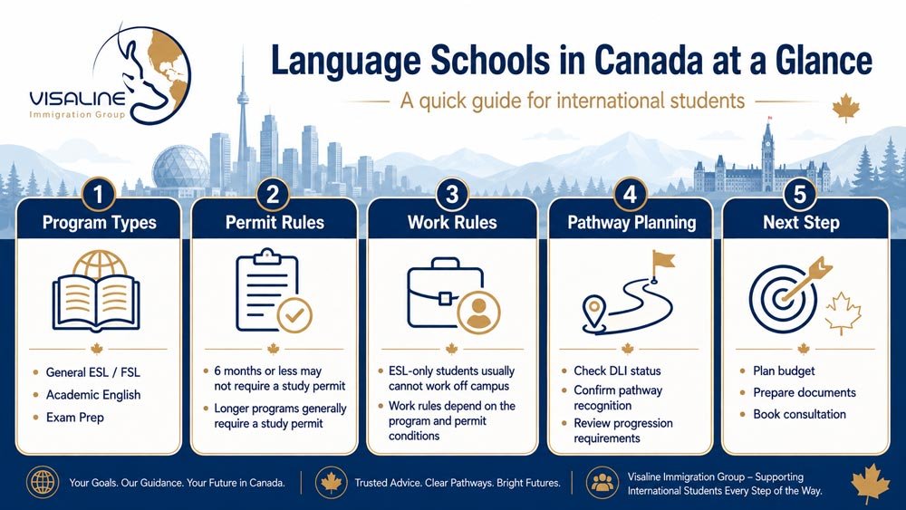 Infographic summarizing Canadian language program types, study permit rules, work restrictions, pathway planning and application steps