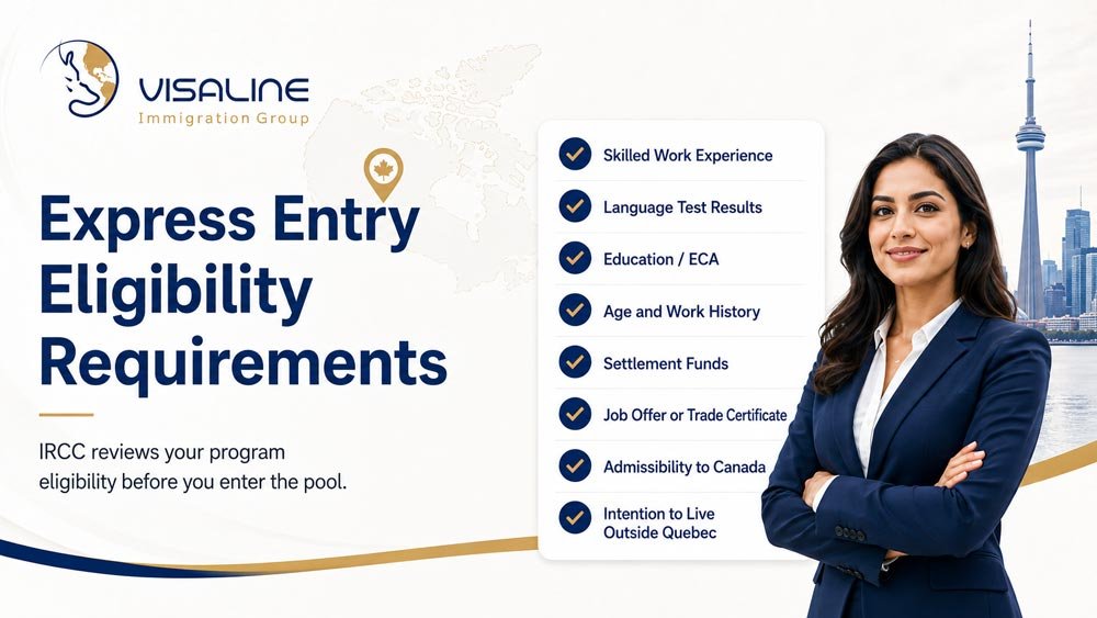 Express Entry eligibility requirements checklist including work experience, language test results, education, funds, and admissibility