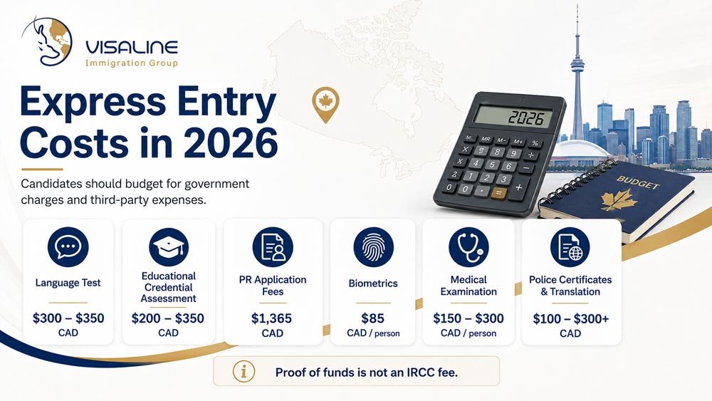 Express Entry Canada 2026 overview showing skilled workers, a passport, and an online profile dashboard