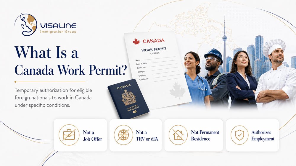What is a Canada work permit in 2026 showing foreign workers, a Canadian passport and a temporary work authorization form