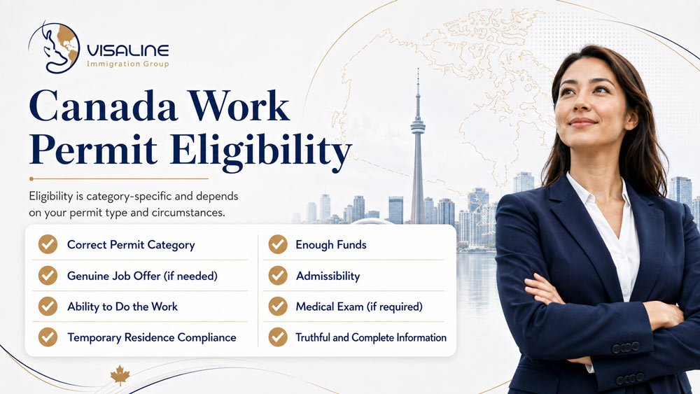Canada work permit eligibility checklist including correct permit category, genuine job offer, admissibility, funds and medical exam
