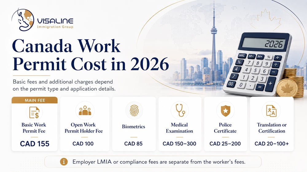 Canada work permit cost in 2026 including basic work permit fee, open permit holder fee, biometrics, medical exam and police certificate