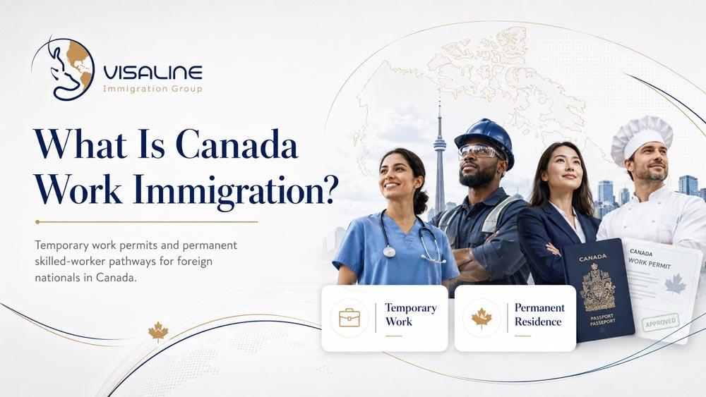 Canada work immigration in 2026 showing international professionals, a Canadian passport and work permit
