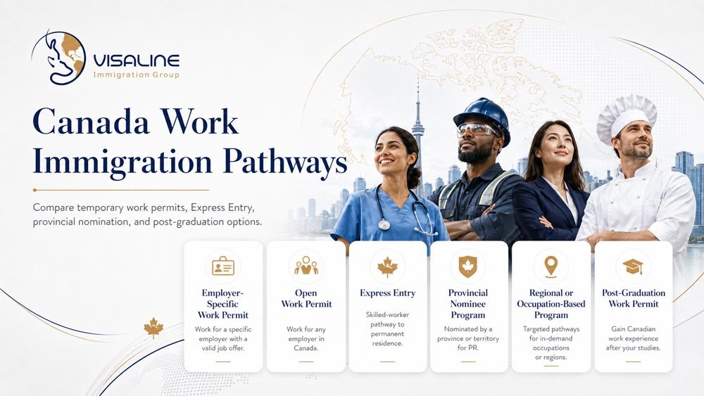 Canada work immigration pathways including employer-specific and open work permits, Express Entry, PNP and PGWP