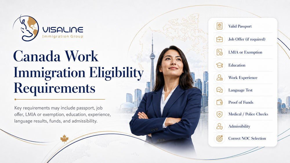 Canada work immigration eligibility checklist with passport, job offer, LMIA, education, work experience and language test