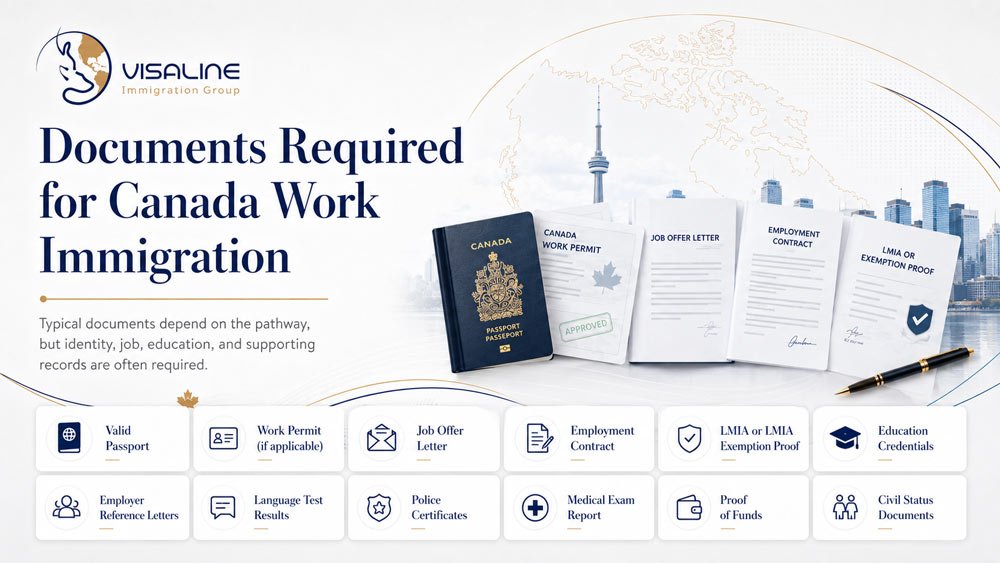 Documents required for Canada work immigration including passport, work permit, job offer, LMIA, education and proof of funds