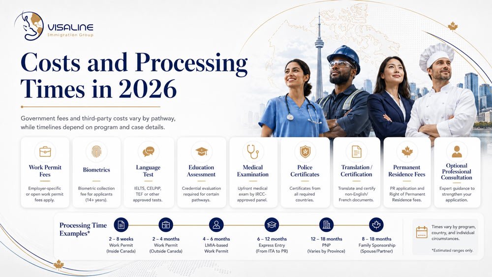 Canada work immigration costs and processing times in 2026 for permits, biometrics, tests, medical exams and PR applications