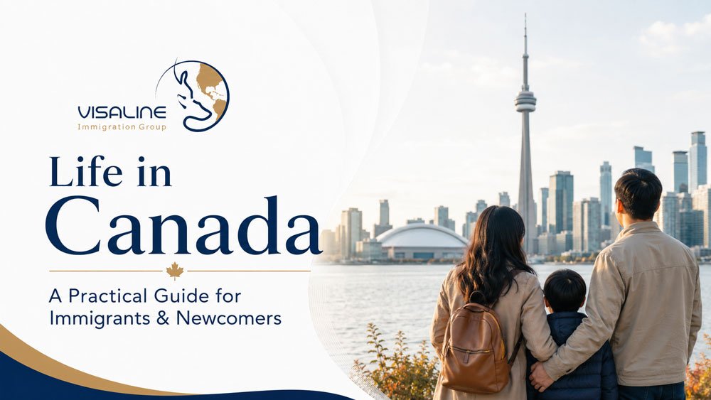 Newcomer family overlooking Toronto while starting a new life in Canada