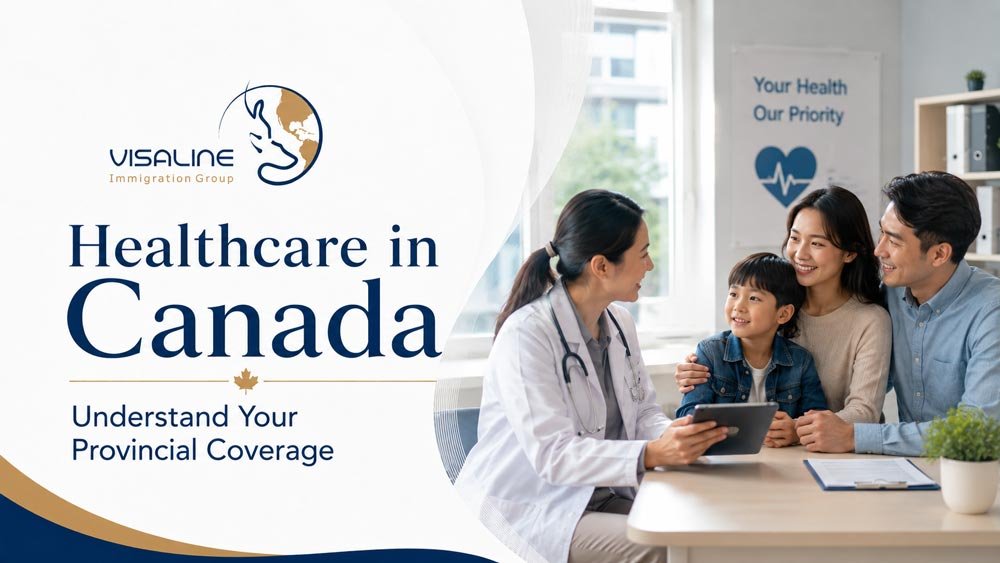 Newcomer family speaking with a doctor about healthcare and provincial health coverage in Canada