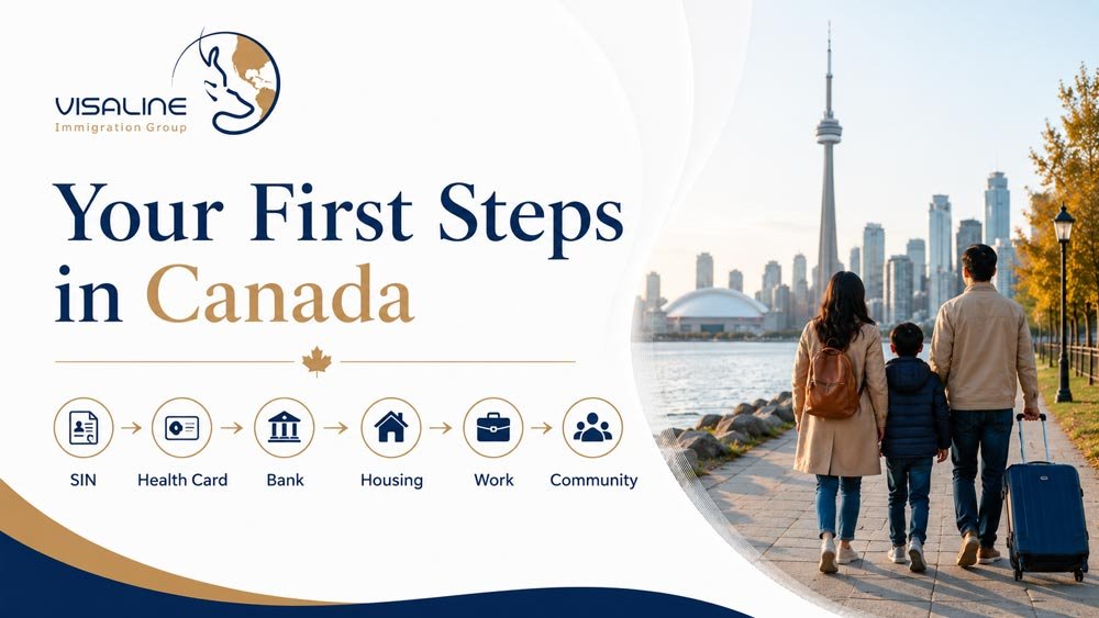 Newcomer checklist showing SIN health card banking housing work and community steps after arriving in Canada