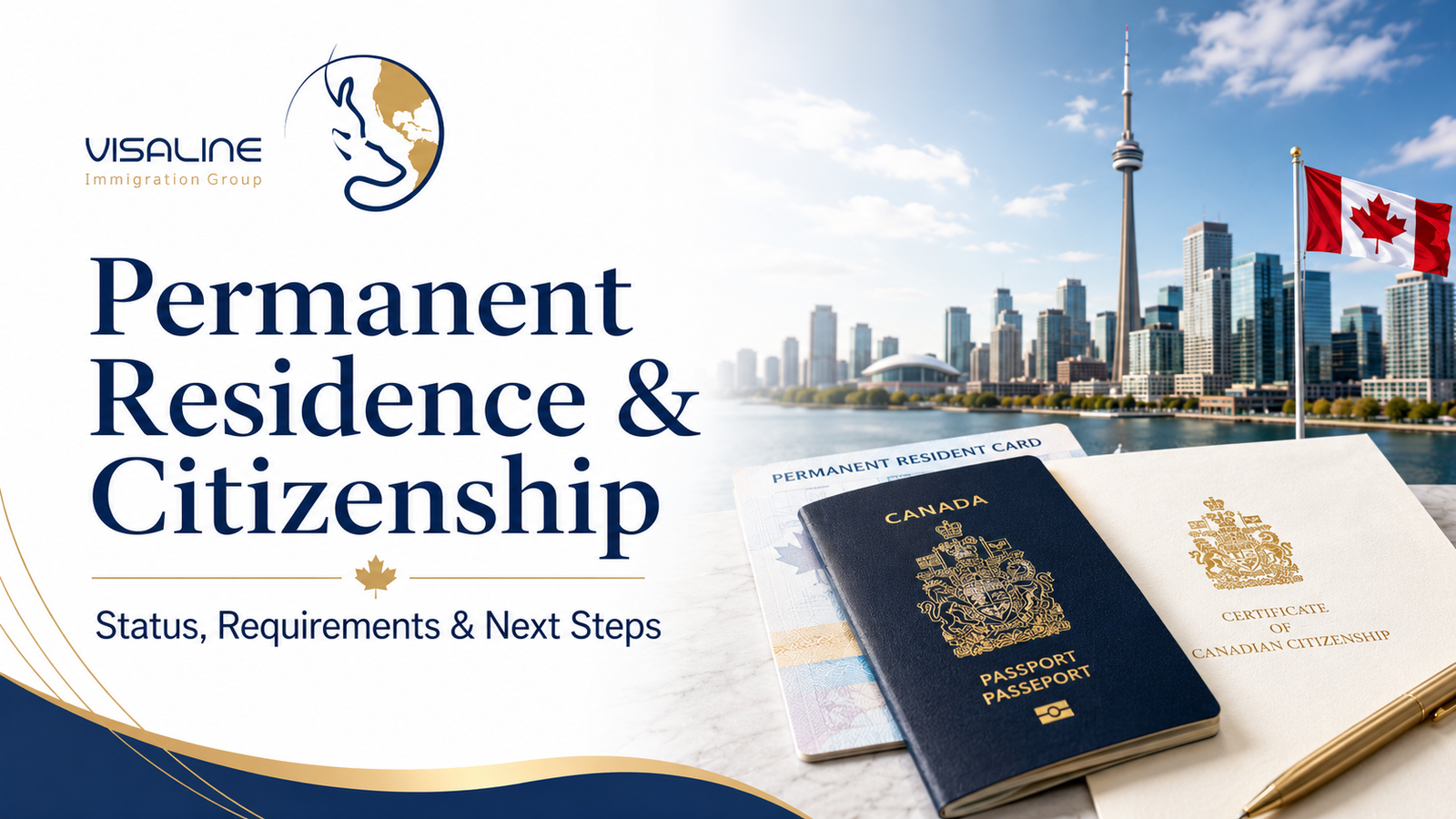 Canadian permanent residence and citizenship documents with the Toronto skyline and Canadian flag